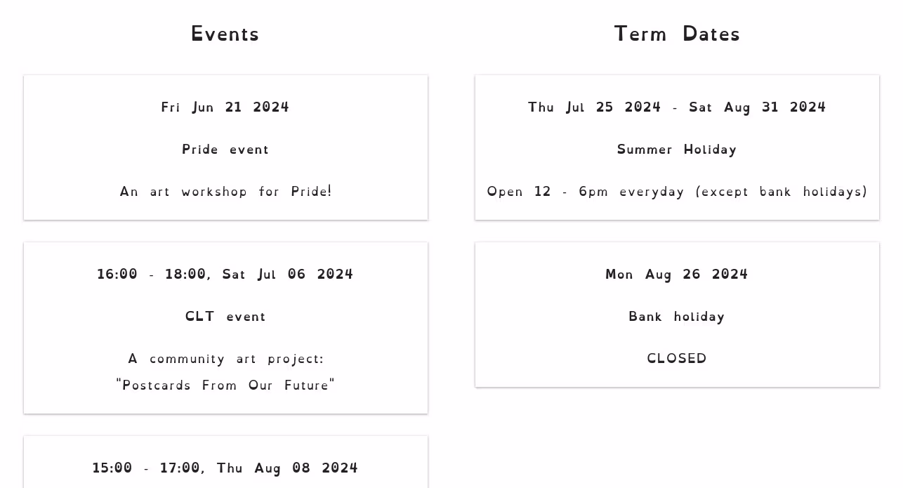 Screenshot of calendar entries displayed in HTML
          on a web page.