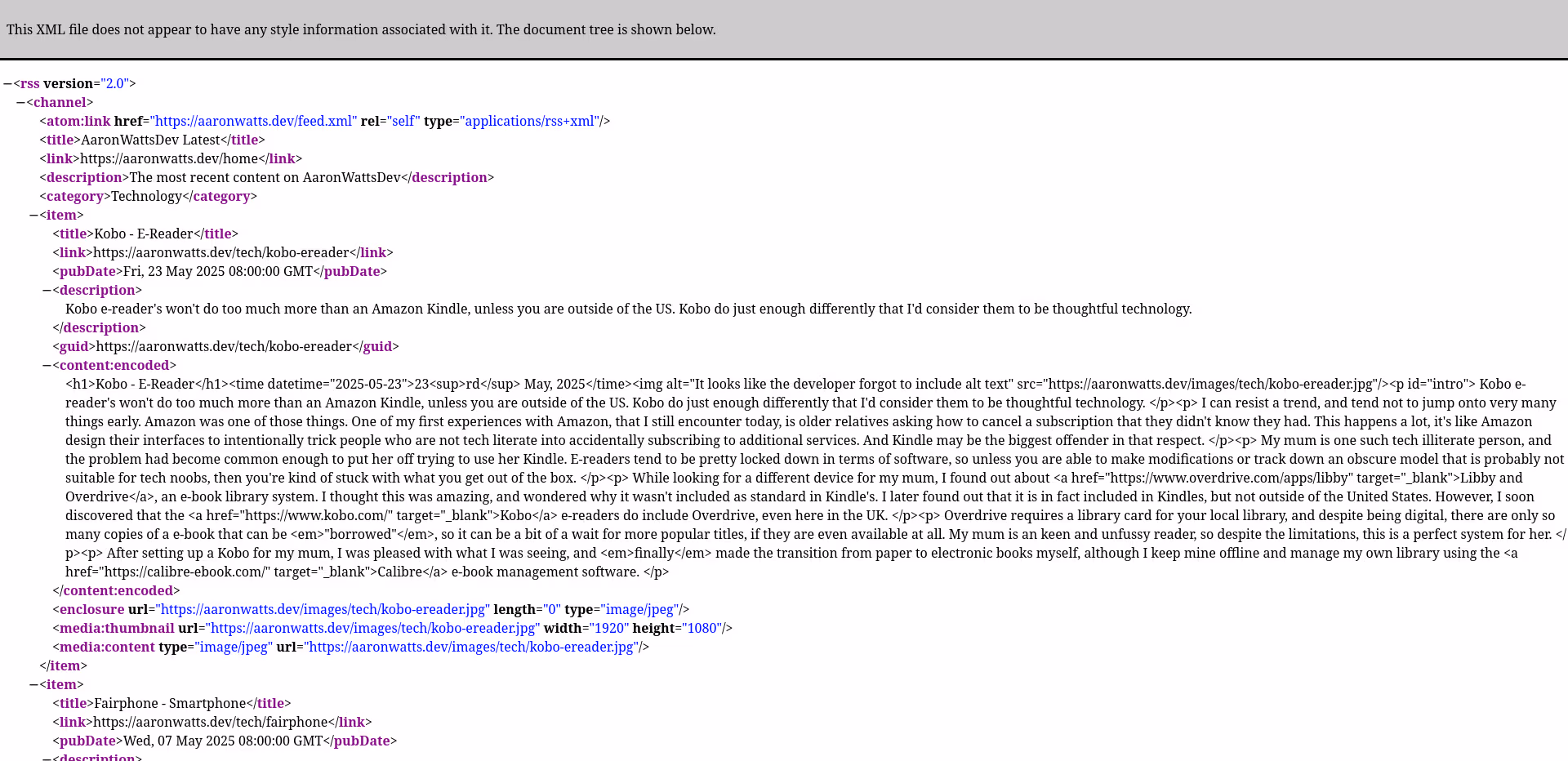 An RSS feed displayed as raw HTML inside a web browser