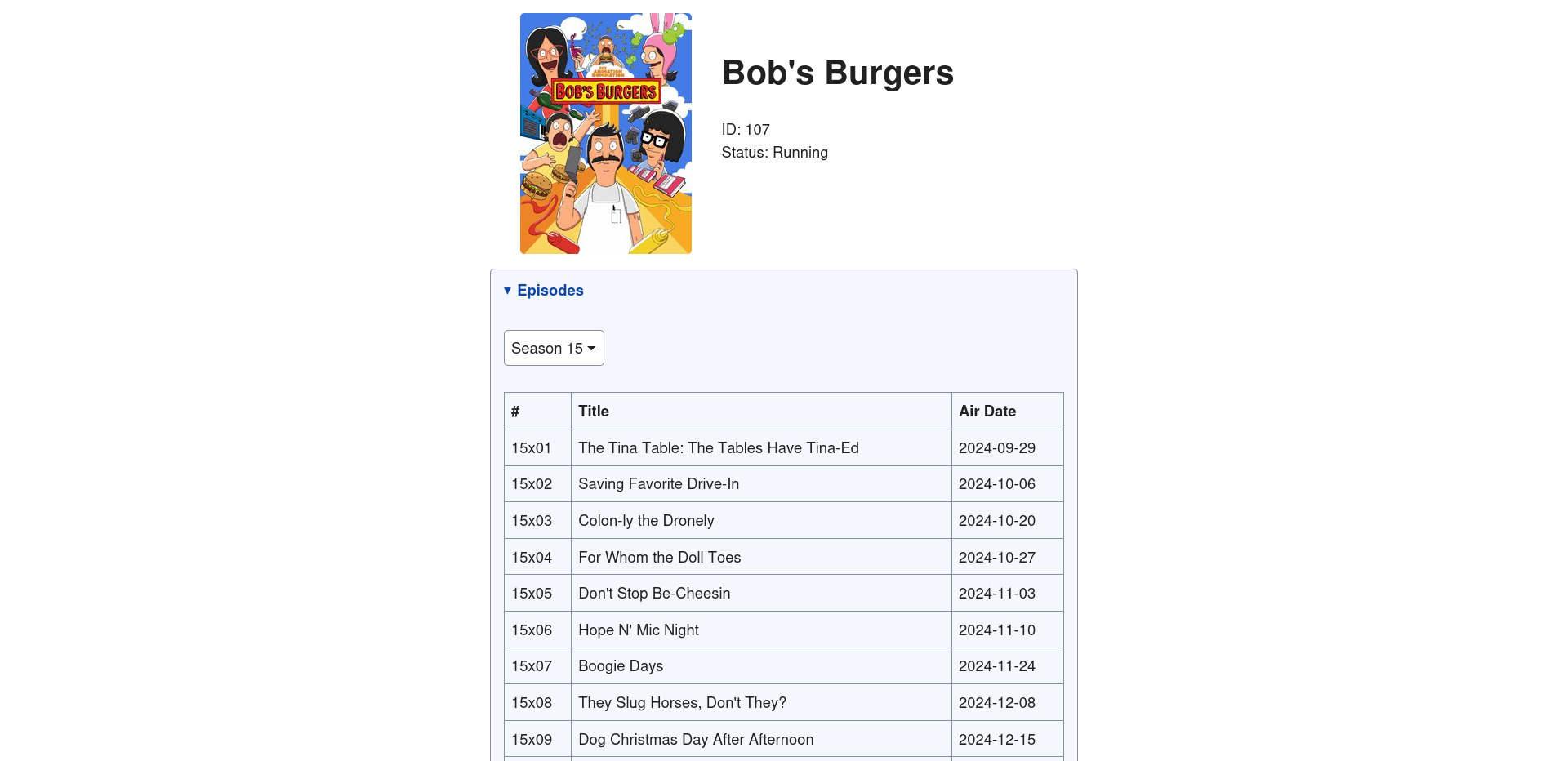 A list of the season 15 episodes for Bob's Burgers with a thumbnail
image showing the show's poster