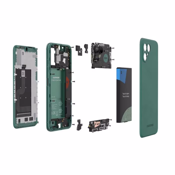 An exploded view of the replacable modilar components
          that mke up the fairphone 4