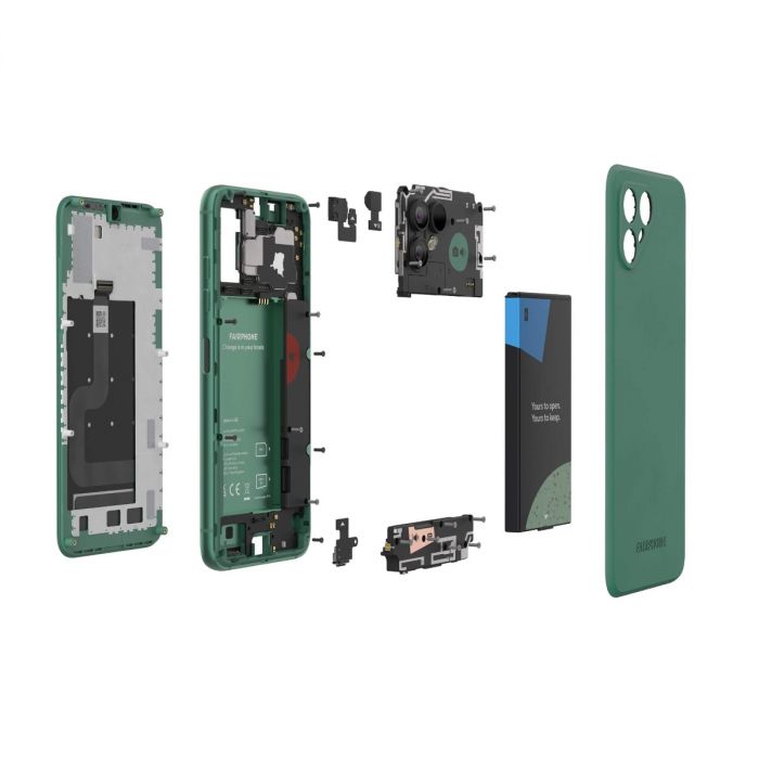 An exploded view of the replacable modilar components
that mke up the fairphone 4