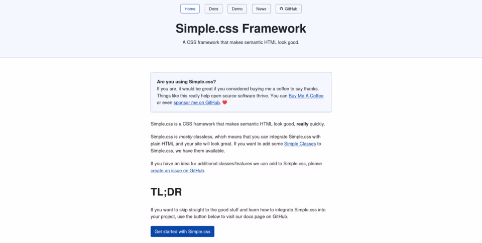A screenshot of the Simple.css home page